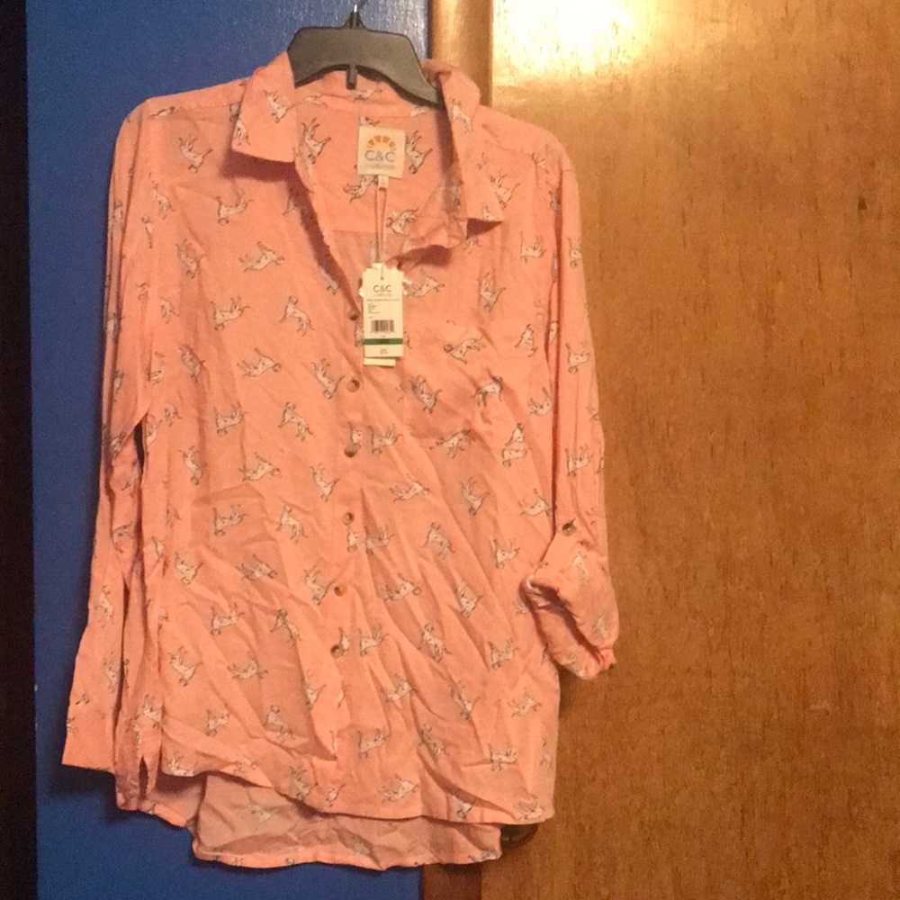 New Salmon Color Button Dalmatian Print Size L Top